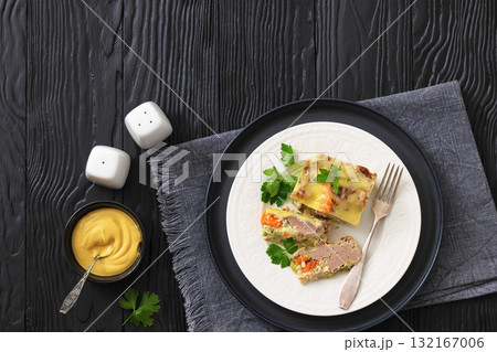 Cheesy ground meat vegetables casserole on a plate 132167006