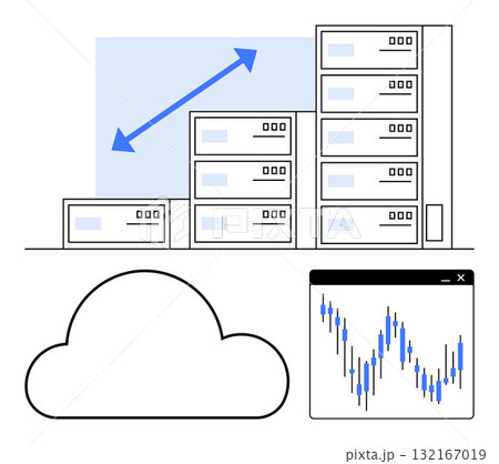 Server racks ascending in size with upward arrow, cloud icon below, and a line graph representing data analysis Ideal for tech growth, cloud storage, data analytics, business scaling, IT Server racks ascending in size with upward arrow, cloud icon below, and a line graph representing data analysis Ideal for tech growth, cloud storage, data analytics, business scaling, IT 132167019