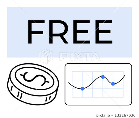 FREE text alongside a coin with dollar sign and a graph with data points. Ideal for finance, business growth, economics, marketing materials, investment, education, online tools. Line metaphor 132167030