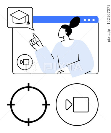Educator points to graduation cap icon on virtual learning platform with video call interface. Ideal for e-learning, online education, webinars, remote training, digital classrooms, virtual meetings 132167075
