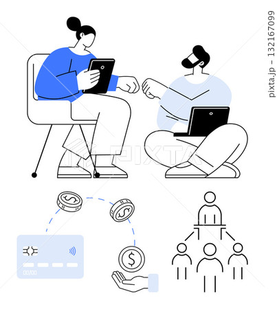 Two people discussing financial matters with electronic devices. Displays credit cards, monetary symbols, and organizational chart. Ideal for discussions, finance plans, e-commerce, business 132167099