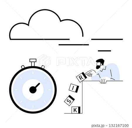 Stopwatch cloud and person handling blocks spelling RISK. Ideal for time management, risk assessment, decision making, business strategy, productivity, focus, planning. Line metaphor Stopwatch cloud and person handling blocks spelling RISK. Ideal for time management, risk assessment, decision making, business strategy, productivity, focus, planning. Line metaphor 132167100