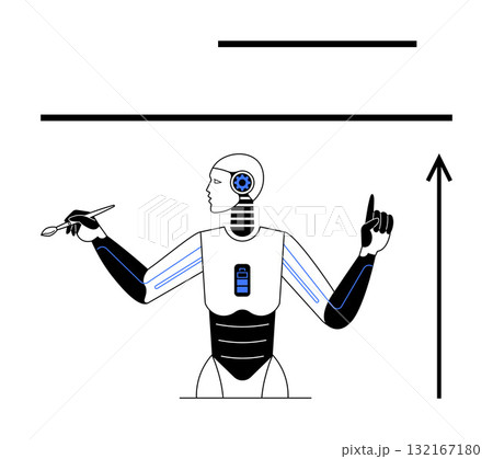 Robot with paintbrush and gears represents balance of art and tech. Ideal for creativity, innovation, AI, future, technology, art, progress. Line metaphor 132167180
