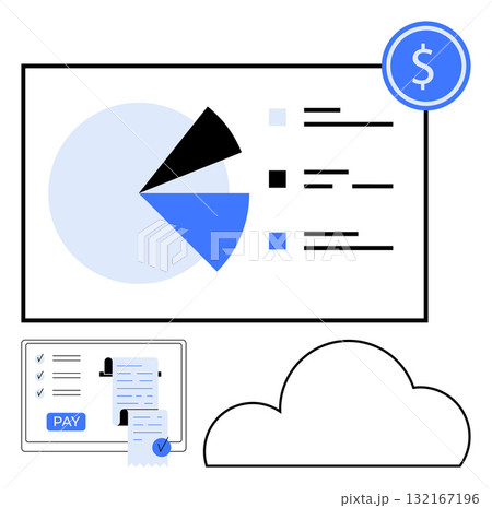Blue and black pie chart with labeled sections invoices with a pay button cloud storage symbol. Ideal for finance, accounting, cloud services, data analysis, financial planning, business solutions 132167196