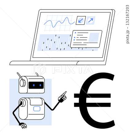 Robot pointing at Euro symbol with laptop displaying financial graphs. Ideal for finance, technology, AI, robotics, automation, data analysis, digital economy. Line metaphor Robot pointing at Euro symbol with laptop displaying financial graphs. Ideal for finance, technology, AI, robotics, automation, data analysis, digital economy. Line metaphor 132167203