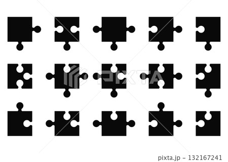 Collection of Black Puzzle Pieces Silhouette. Set of solid black jigsaw puzzle pieces. Vector flat icons for teamwork logo, business strategy concept, autism awareness symbol, and game design element Collection of Black Puzzle Pieces Silhouette. Set of solid black jigsaw puzzle pieces. Vector flat icons for teamwork logo, business strategy concept, autism awareness symbol, and game design element 132167241