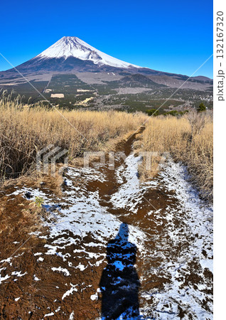 愛鷹連峰の越前岳から 雪の残るカヤトの登山道と富士山 愛鷹連峰の越前岳から 雪の残るカヤトの登山道と富士山 132167320