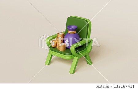 Retirement Saving Money Bag and Coins on Green Chair. 3D Rendering. Retirement Saving Money Bag and Coins on Green Chair. 3D Rendering. 132167411