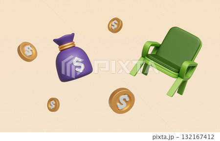 Retirement Saving Money Bag and Coins on Green Chair. 3D Rendering. Retirement Saving Money Bag and Coins on Green Chair. 3D Rendering. 132167412