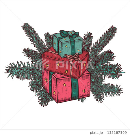 Hand drawn red and turquoise gift boxes,spruce branches. Christmas composition. Vector illustration Hand drawn red and turquoise gift boxes,spruce branches. Christmas composition. Vector illustration 132167599
