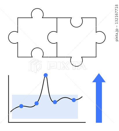 Puzzle pieces connection upward graph trend, blue arrow symbolizing growth. Ideal for teamwork, problem-solving, data analysis, progress, strategy development, business innovation. Line metaphor 132167718