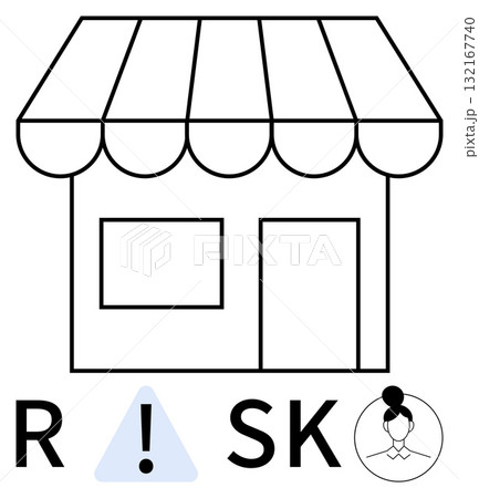 Storefront with awning, door, and window underlined by RISK text with exclamation mark triangle and person icon. Ideal for business, risk management, small business, entrepreneurship, safety Storefront with awning, door, and window underlined by RISK text with exclamation mark triangle and person icon. Ideal for business, risk management, small business, entrepreneurship, safety 132167740