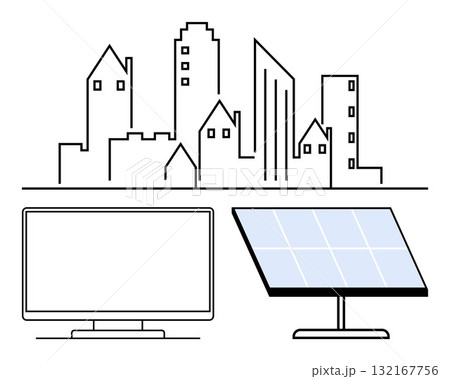 Urban skyline above a solar panel and computer monitor, signifying modern technology, renewable energy, and urban development. Ideal for sustainability, technology integration, smart cities 132167756