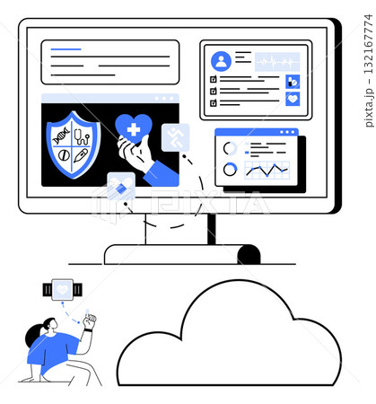 Large monitor displaying health data, medical statistics, and charts. Person with fitness tracker analyzing information. Ideal for healthcare, fitness, data security, remote monitoring, medical Large monitor displaying health data, medical statistics, and charts. Person with fitness tracker analyzing information. Ideal for healthcare, fitness, data security, remote monitoring, medical 132167774