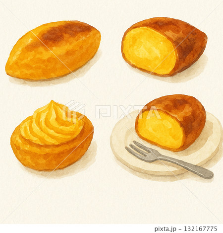 秋を彩るスイートポテトの水彩風イラストセット（4点） 132167775