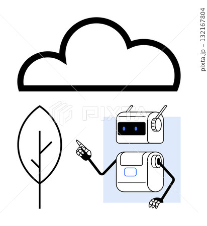 Cloud with black outline robotic figure pointing, leaf symbol. Ideal for technology, AI, cloud computing, robotics, environmental conservation, sustainability, innovation themes. Line metaphor 132167804