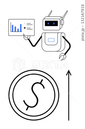 Robot with a data chart dollar symbol and upward arrow. Ideal for technology, finance, automation, growth, innovation, analysis, robotics. Line metaphor 132167818