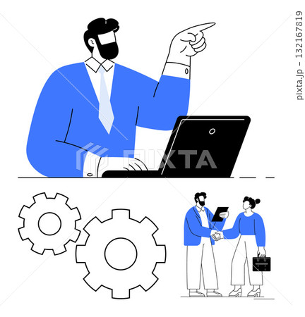 Business professional pointing while working on laptop, gears representing collaboration and teamwork, and two professionals shaking hands in agreement. Ideal for business strategy, teamwork 132167819