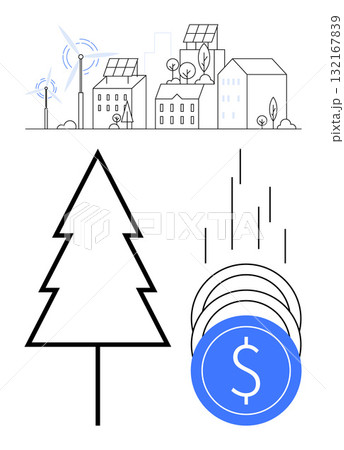 City buildings with solar panels and wind turbines, tree outline, and falling coins with dollar sign. Ideal for sustainability, renewable energy, green cities, economic growth, eco-friendly 132167839