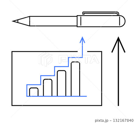 Pen, ascending bar graph, and upward arrow indicating growth and success. Ideal for business strategy, performance increase, financial growth, productivity boost, professional development, market Pen, ascending bar graph, and upward arrow indicating growth and success. Ideal for business strategy, performance increase, financial growth, productivity boost, professional development, market 132167840