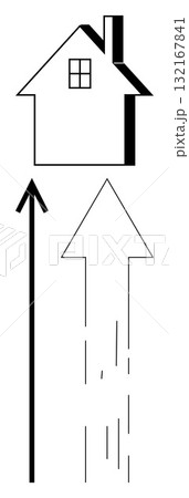 House outline with chimney above black bold arrow pointing upward. Ideal for depicting growth, progress, development, upward mobility, aspiration, real estate, achievement. Line metaphor House outline with chimney above black bold arrow pointing upward. Ideal for depicting growth, progress, development, upward mobility, aspiration, real estate, achievement. Line metaphor 132167841