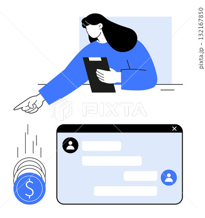 Professional woman with clipboard pointing at chatbox, symbols of coins showing financial transactions. Ideal for financial services, online banking, customer service, business communication Professional woman with clipboard pointing at chatbox, symbols of coins showing financial transactions. Ideal for financial services, online banking, customer service, business communication 132167850