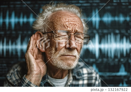 Senior man experiencing hearing loss with eyes closed and hand cupped to ear 132167922