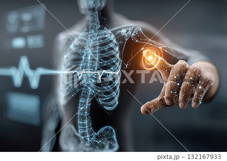 Doctor using innovative technology examining skeletal system and diagnosing shoulder pain 132167933
