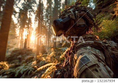 Us soldier wearing virtual reality headset in forest during sunset 132167934