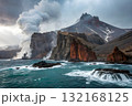 volcano crater with clouds and smoke 132168125