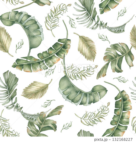 Tropical foliage watercolor seamless pattern isolated white. Hand painted palm and banana leaves in soft green tones. Neutral foliage print for beach wedding background. Exotic leaves repeat. Tropical foliage watercolor seamless pattern isolated white. Hand painted palm and banana leaves in soft green tones. Neutral foliage print for beach wedding background. Exotic leaves repeat. 132168227