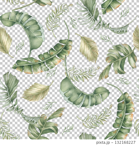 Tropical foliage watercolor seamless pattern isolated white. Hand painted palm and banana leaves in soft green tones. Neutral foliage print for beach wedding background. Exotic leaves repeat. Tropical foliage watercolor seamless pattern isolated white. Hand painted palm and banana leaves in soft green tones. Neutral foliage print for beach wedding background. Exotic leaves repeat. 132168227