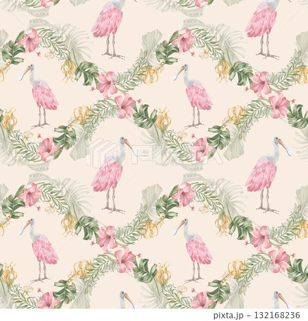 Exotic bird and foliage watercolor seamless pattern isolated. Roseate spoonbill, palm leaves and tropical blooms hand drawn. Tropical repeat background for textile, wallpaper and hawaii style design. 132168236