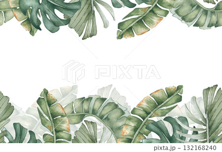 Tropical leaves repeated border isolated on white. Watercolor palm and monstera fronds in soft greens hand drawn. Summer greenery seamless background for wedding invitations, spa certificates. 132168240