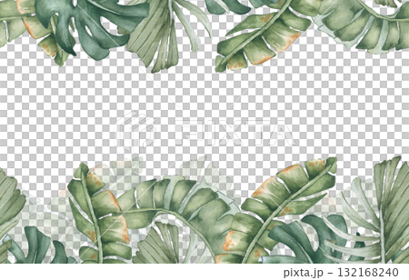 Tropical leaves repeated border isolated on white. Watercolor palm and monstera fronds in soft greens hand drawn. Summer greenery seamless background for wedding invitations, spa certificates. 132168240