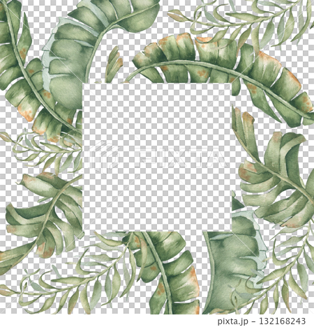 Hand painted palm leaves watercolor border in soft green tones isolated. Delicate tropical foliage on square frame for spa menus, beach wedding invitations, and organic cosmetic packaging. 132168243