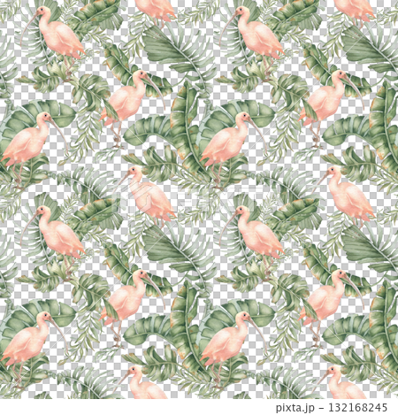 Exotic jungle seamless pattern isolated on white. Pink ibis and palm trees watercolor hand painted. Tropical motif repeated background for fabric beach style, wallpaper, and boho home textiles. 132168245