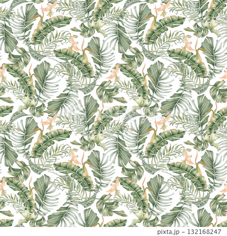 Exotic seamless pattern with areca palms and budgerigar in flight isolated. Watercolor soft tropical foliage on repeated background with parakeet hand painted for swimwear fabric, beach textile. Exotic seamless pattern with areca palms and budgerigar in flight isolated. Watercolor soft tropical foliage on repeated background with parakeet hand painted for swimwear fabric, beach textile. 132168247