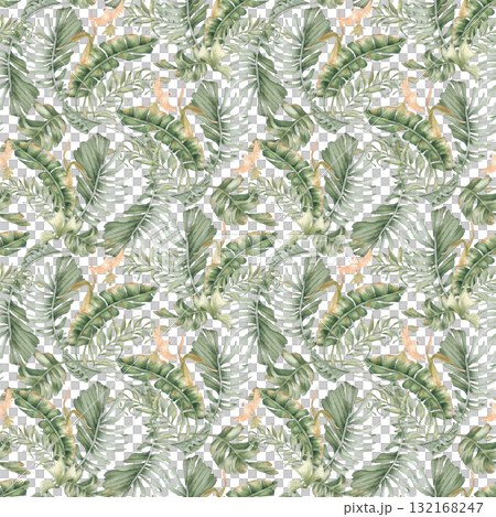 Exotic seamless pattern with areca palms and budgerigar in flight isolated. Watercolor soft tropical foliage on repeated background with parakeet hand painted for swimwear fabric, beach textile. Exotic seamless pattern with areca palms and budgerigar in flight isolated. Watercolor soft tropical foliage on repeated background with parakeet hand painted for swimwear fabric, beach textile. 132168247
