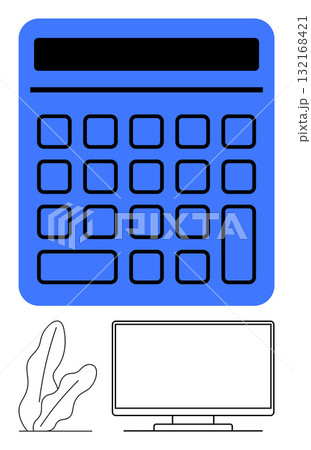 Giant blue calculator with black buttons dominates the frame, placed above a black and white monitor and a simple plant. Ideal for finance, education, technology, office settings, productivity 132168421