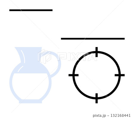 Pottery jug, two horizontal lines, and a target circle symbol. Ideal for art concepts, pottery workshops, minimalism themes, graphic design, precision themes abstract art educational purposes. Line 132168441
