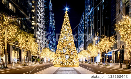 イルミネーション輝く巨大クリスマスツリーの夜景 132168448