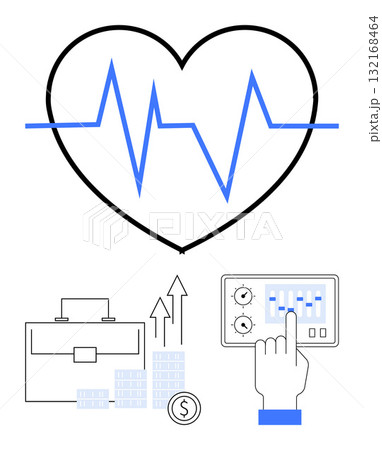 Heart with blue heartbeat line, control panel with hand, briefcase, bar charts, upward arrows, and dollar coin. Ideal for health monitoring, financial growth, investment business stock market 132168464