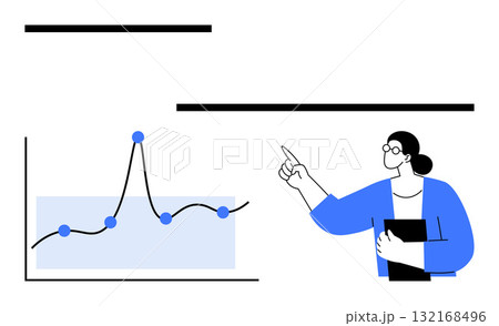 Businesswoman pointing at a line graph with blue and black lines showing data trends. Ideal for business growth, data analysis, presentations, strategy, education, professional development. Line 132168496