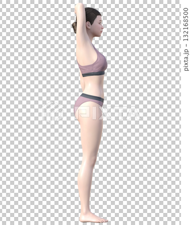 除毛治療區 3D 模型女性插圖，日本女性舉起雙臂，全身左側視圖 132168500