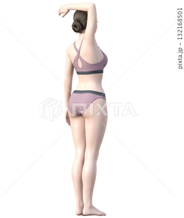 脱毛施術部位 腕を上げた日本人女性の3Dモデルの女性のイラスト 全身ななめ後ろ向き 132168501