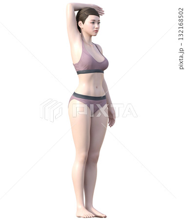 脱毛施術部位 腕を上げた日本人女性の3Dモデルの女性のイラスト 全身ななめ右横向き 132168502