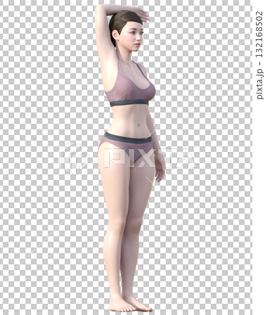 脱毛施術部位 腕を上げた日本人女性の3Dモデルの女性のイラスト 全身ななめ右横向き 132168502
