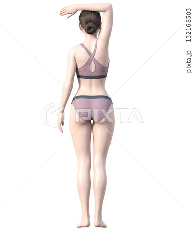 脱毛施術部位 腕を上げた日本人女性の3Dモデルの女性のイラスト 全身後ろ 背中 132168503