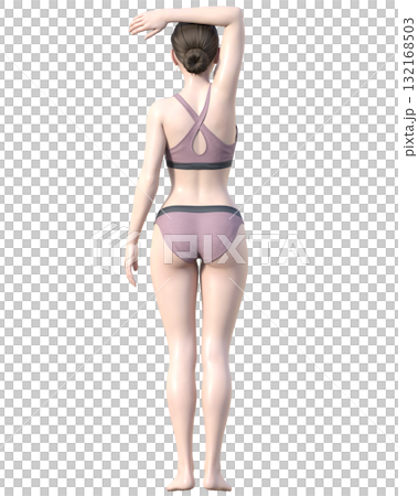 脱毛施術部位 腕を上げた日本人女性の3Dモデルの女性のイラスト 全身後ろ 背中 132168503